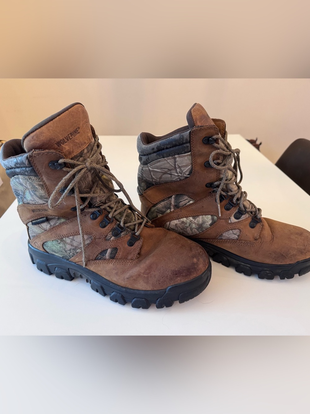 Wolverine Brown Leather & Camo Outdoor Boots Waterproof Thinsulate, Mens 11